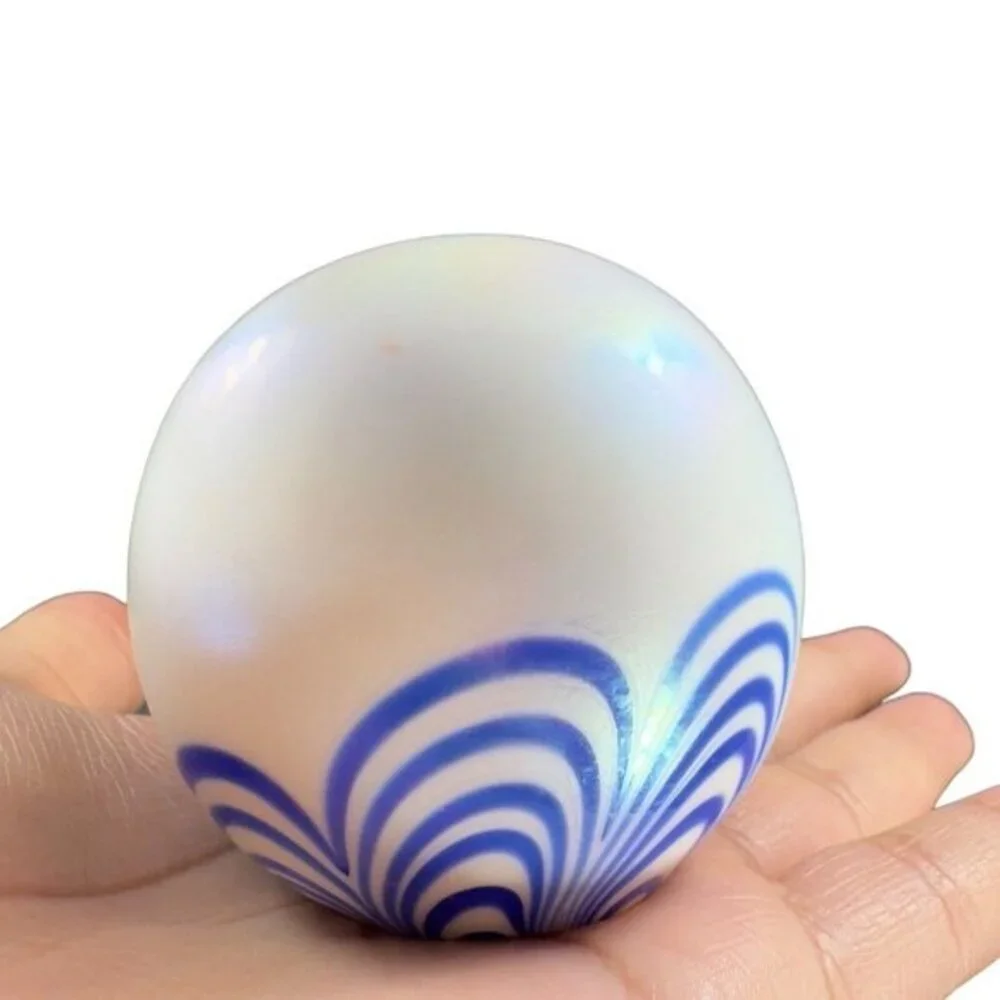 Vintage Art Glass Paperweight Round Orb White‎ Iridescent With Blue Swirls Lines